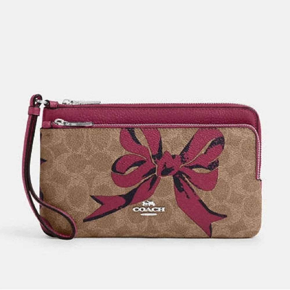 New COACH Double Zip Wallet In Signature Canvas With Bow Print - Picture 2 of 11